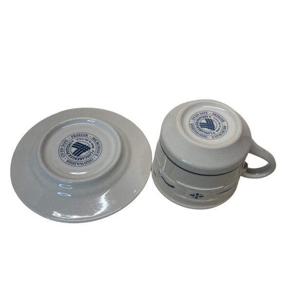 2 Longaberger Classic Blue Woven Traditions Pottery Coffee Cup & Saucer Sets - Picture 5 of 8